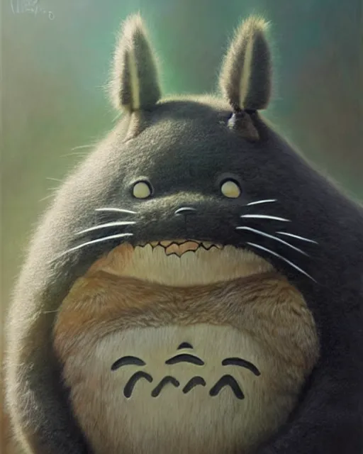 Prompt: portrait of real life totoro, hyperrealistic, very detailed fur, sharp focus, fine lines, fine art, soft colors, in rays of sunlight, environmental background, detailed painting by mark arian, artgerm, bastien lecouffe - deharme