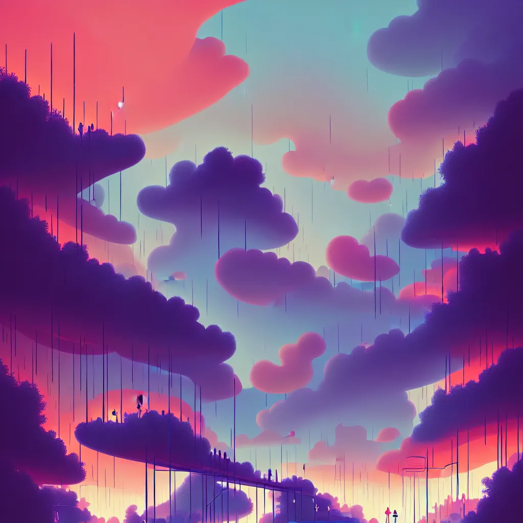 Image similar to illustration of a data-center architecture, connector, firewall, cloud, security, river, trees, thunderstorm, trending on Artstation, painting by Jules Julien, Leslie David and Lisa Frank and Peter Mohrbacher and Alena Aenami and Dave LaChapelle muted colors with minimalism