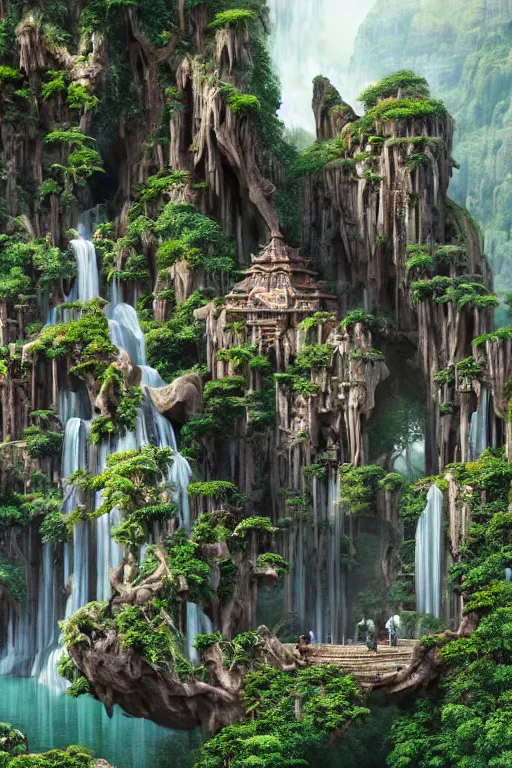 Prompt: carved into a Mountain a temple above a waterfall, giant intricate statues, arches adorned pillars, archways, gnarly trees, lush vegetation, forrest, a small stream runs beneath the waterfall, landscape, raphael lacoste, eddie mendoza, alex ross, concept art, matte painting, highly detailed, rule of thirds, dynamic lighting, cinematic, detailed, denoised, centerd