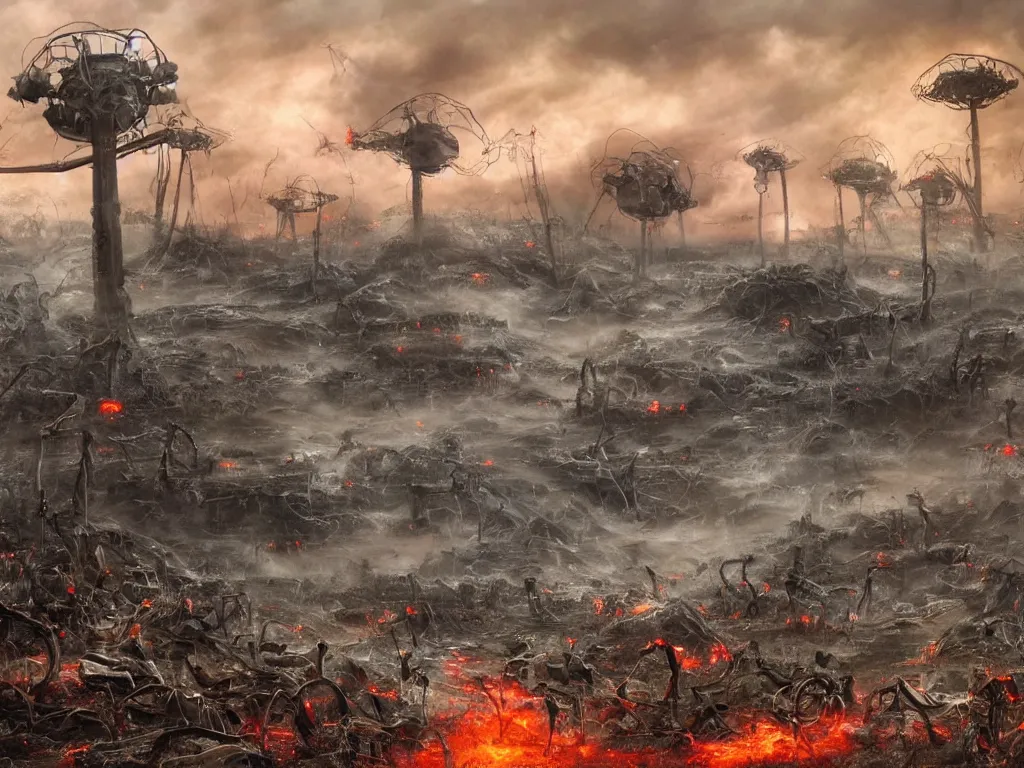 Image similar to landscape art of 8k ultra realistic war of the worlds walkers, destruction, full of colour, cinematic lighting, trending on artstation, 4k, hyperrealistic, focused, extreme details,unreal engine 5, cinematic, masterpiece, Edwardian, tripod, red weed, apocalyptic, demolition, heat ray, artillerymen, eve of war, dead london, invasion, art by Geoff Taylor