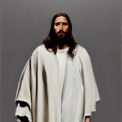 Prompt: a full body lookbook portrait of modern day jesus wearing cream fear of god menswear collection by nicola samori, hat and hoodie, detailed, oil painting, hyper realistic, 8 k, yeezy collection