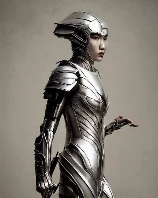 Prompt: full body portrait of hoyuen jung wearing chrome armor, photo by greg rutkowski, high fashion, androgyn beauty, intricate detail, elegance, sharp shapes, soft lighting, vibrant colors, masterpiece