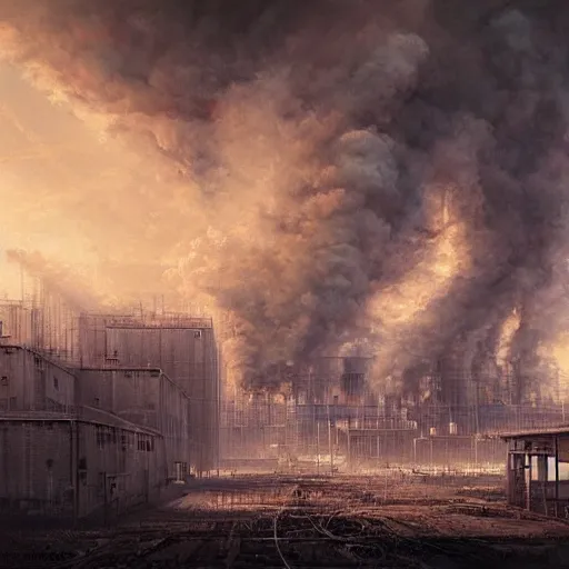 Image similar to a painting of a factory with smoke pouring out of it, a detailed matte painting by jonas de ro, cgsociety, nuclear art, dystopian art, apocalypse art, apocalypse landscape