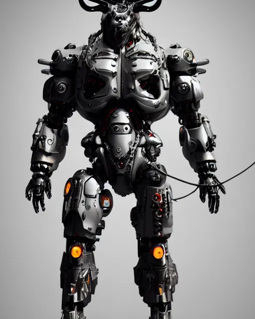 Image similar to a full body shot of a cyborg ( bull ) modeled after a bull looking into the camera, android, cyborg, full body shot, intricate, 3 d, hyper realism, fantasy, depth of field, octane render, symmetrical, highly detailed, digital art, artstation, concept art, cinematic lighting, trending