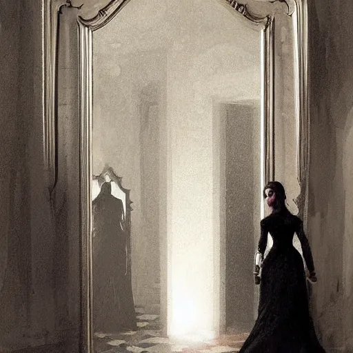 Image similar to a beautiful victorian woman is frightened by her doppleganger in a mirror. she is in a long hallway of mirrors. elegant design, haunting atmosphere, dimly lit, gothic, horror style, by greg rutkowski, realistic, low angle, 3 / 4 view.