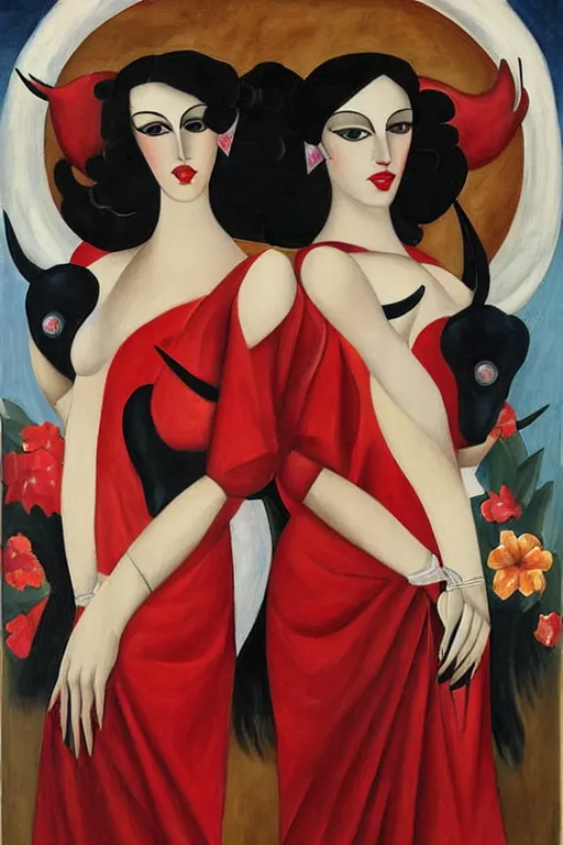 Prompt: highly detailed painting of gemini flamenco goddesses wearing red gowns next to a black bull framed with flowers by tamara de lempicka