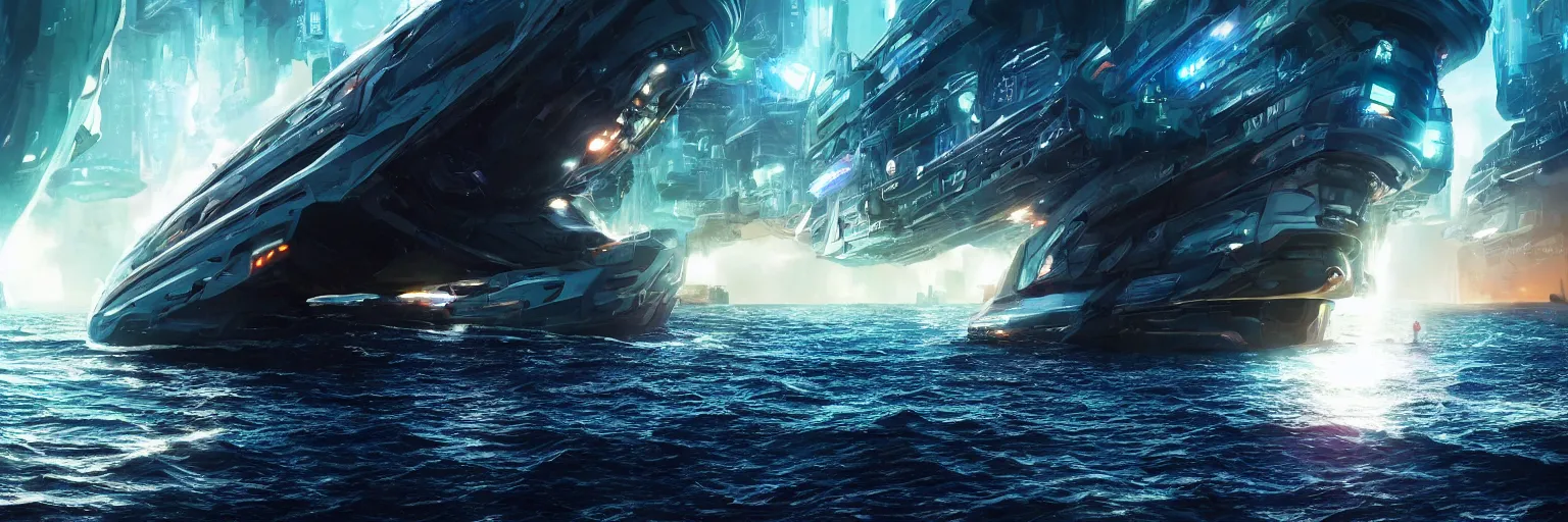 Prompt: a giant glowing spaceship and many people in the ocean, galaxy, hyper realistic, epic lighting, cyberpunk, wide angle lens