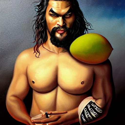 Image similar to jason momoa as a mango, lowbrow painting by mark ryden