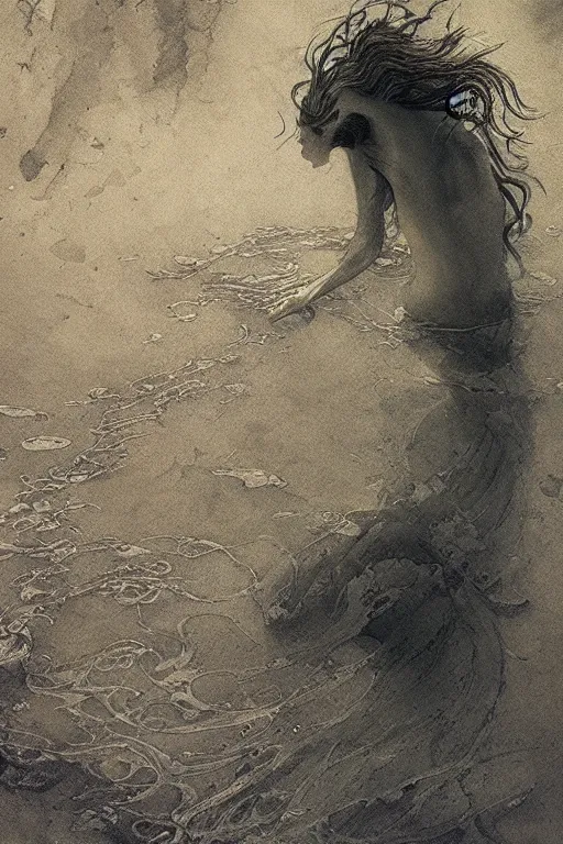 Image similar to mermaid underwater in an old apartment, Francisco Goya and Beksiński, intricate, elegant, highly detailed, digital painting, artstation, concept art, smooth, sharp focus, illustration, art by Takato Yamamoto and greg rutkowski and Francis Bacon