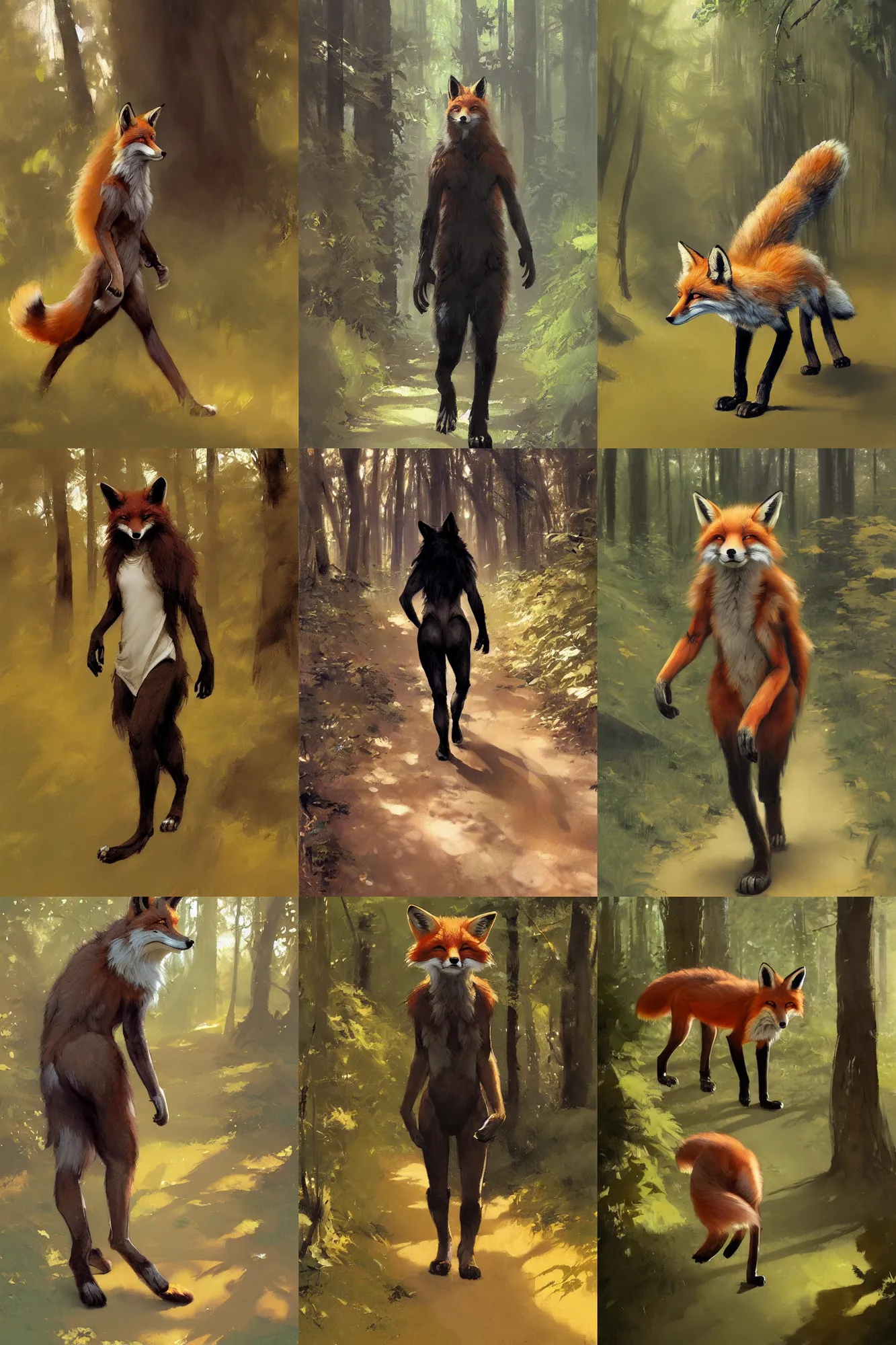 Prompt: anthro digitigrade natural - colored fox person with black paws and long hair, walking upright in a forest, greg rutkowski, gregory manchess