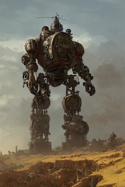 Image similar to giant dieselpunk robot stands on a hill above a small town, highly detailed, digital painting, artstation, concept art, smooth, clear focus, illustrations, works by Jakub Rozalski,