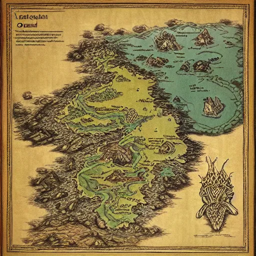 Image similar to fantasy map of an ancient land of Odrua in the Fantasy world of Lute, showing continents archipelagos cities mountains deserts rivers coastlines kingdoms by JRR Tolkien by Brian Froud and Yoshida Hiroshi