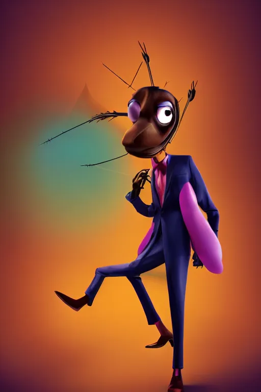 Prompt: colorful full body shot of an anthropomorphic cockroach wearing a suit, with long thin antennae, trending on artstation, trending on deviantart ,cinematic backlighting, 8k, symmetrical, correct proportions, hyper detail illustration by walt disney, vibrant colors, by pixar, orange lights, pink shadows