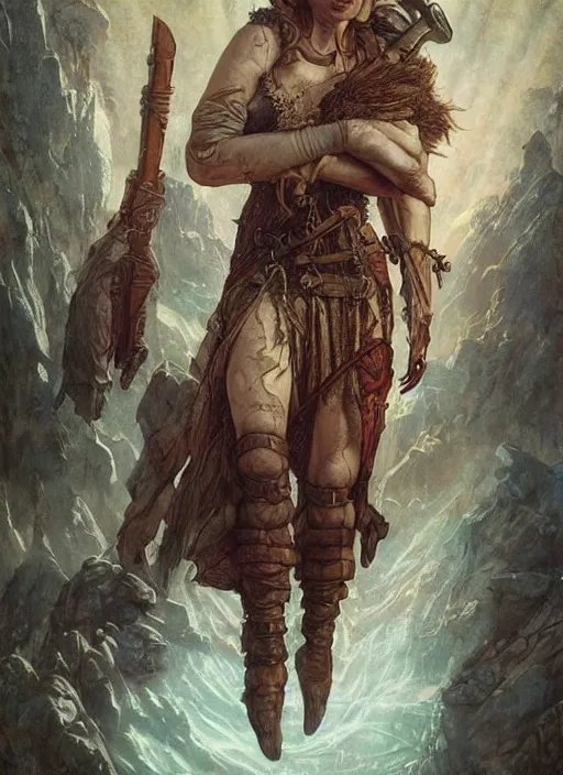 Prompt: hyper realistic photography portrait of postapocalyptic medieval religious occult amazon cinematic, brom, moebius, juan gimenez, peter mohrbacher, mucha, leonardo da vinci