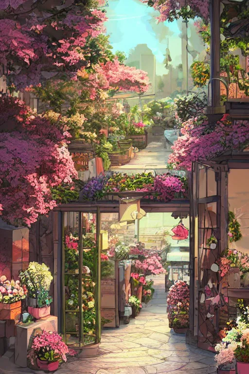 Image similar to a little flower shop's front gate, refreshing, digital illustration, pixiv, dramatic lighting