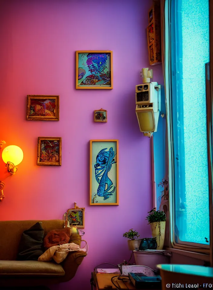 Prompt: telephoto 7 0 mm f / 2. 8 iso 2 0 0 photograph depicting the feeling of chrysalism in a cosy safe cluttered french sci - fi ( art nouveau ) cyberpunk apartment in a pastel dreamstate art cinema style. ( living room ) ( ( fish tank ) ), ambient light.
