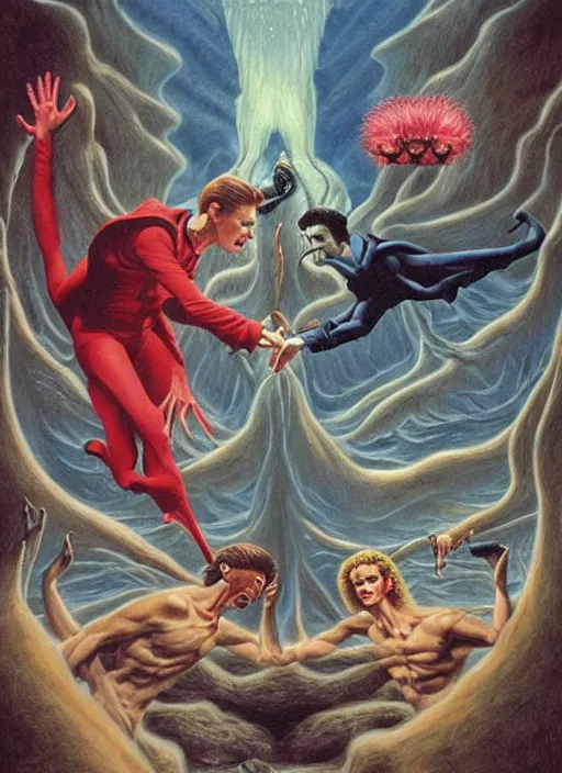 Image similar to twin peaks poster art, david bowie fighting his doppelganger gemini good and evil fantasy by, wayne barlowe, boris vallejo, aaron horkey, old retro pulp, by michael whelan, rossetti bouguereau, artgerm, nostalgic, old fashioned