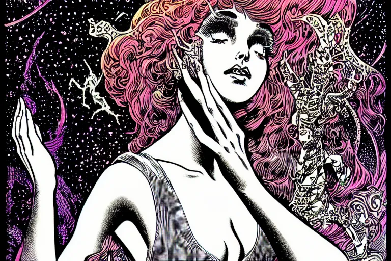 Prompt: a glamorous natural girl praying, fantasy graphic novel style, by wendy pini and virgil finlay, intricate, vivid gradient colors, very fine inking lines, extremely detailed, 4k, hd