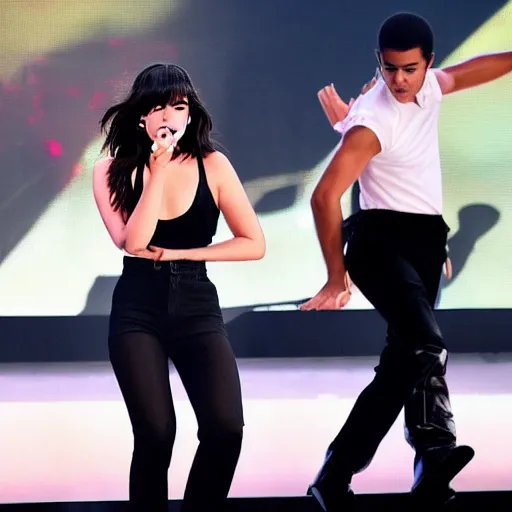 Prompt: Singer Dua Lipa on stage dancing with Michael Jackson