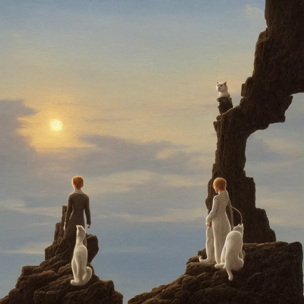 Image similar to an android girl with a white cat by caspar david friedrich, in the sunset ， sitting on the edge of the cliff looking at the sea ， clean, pure, elegant, highly detailed, digital painting, artstation, concept art, smooth, sharp focus, illustration,