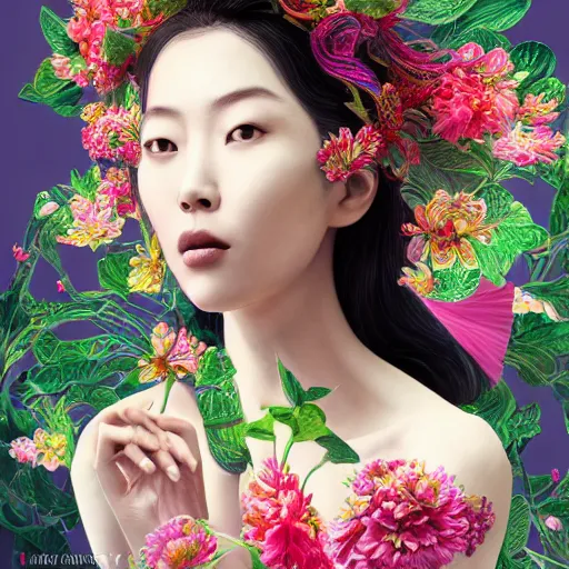 Prompt: the portrait of an absurdly beautiful, graceful, elegant, sophisticated asian woman made of strawberries and green petals, an ultrafine hyperdetailed illustration by kim jung gi, irakli nadar, intricate linework, bright colors, octopath traveler, final fantasy, unreal engine 5 highly rendered, global illumination, radiant light, detailed and intricate environment