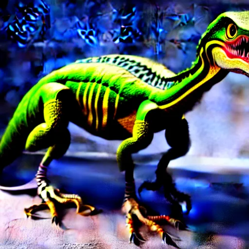 Prompt: a velociraptor with electric collars around its body infected by an alien implant, photorealistic 3 d octane render, unreal engine