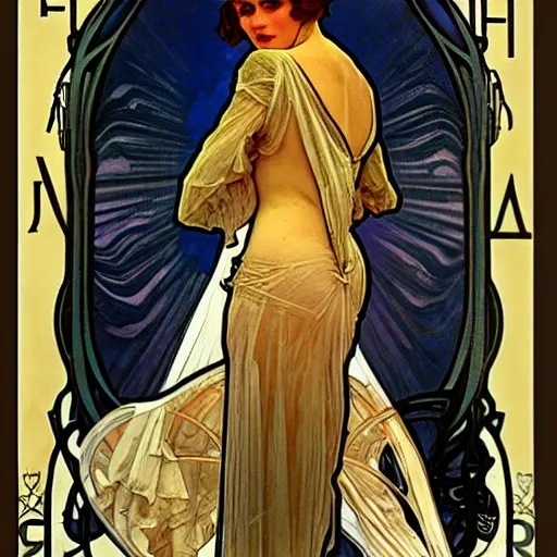 Image similar to female occult detective, painted by alphonse mucha