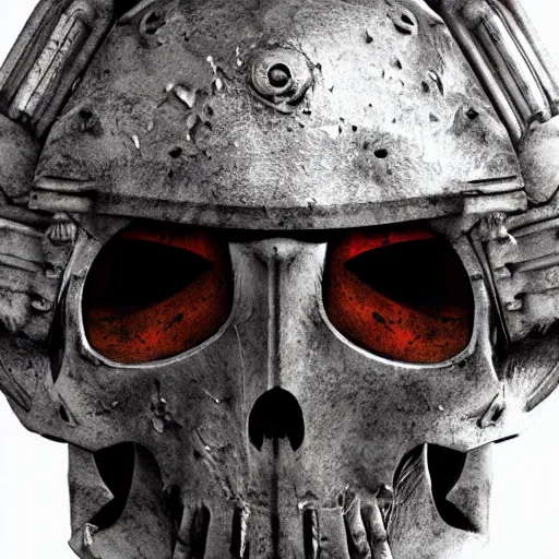 Prompt: space marine, knight, skull helmet, terminator, terrifying, grimdark, horror, war, photorealistic, front view, symmetrical, artstation, dark souls style