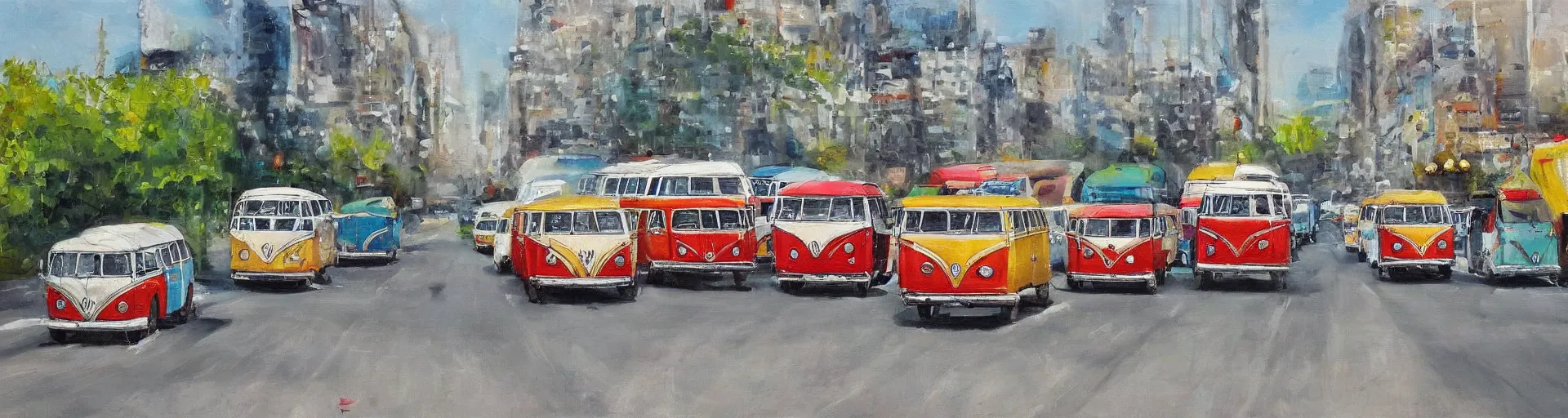 Image similar to a detailed oil painting of vw buses racing in the street