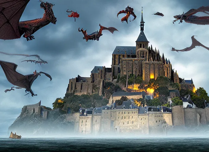 Prompt: landscape of Mont Saint-Michel under attack by dragons, highly detailed digital art, 8k Octane