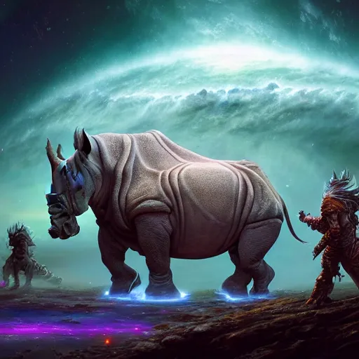 Prompt: a giant galactic rhino stampeding through a nebula by WLOP and tony sart, fantasy art, 4k, HDR, photorealistic, 8k, trending on artstation