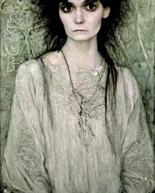 Prompt: a beautiful but sinister girl who looks like shirley henderson in layers of fear, wearing goth lace, with fierce eyes and wild hair, 1 9 7 0 s, seventies, delicate embellishments, a little blood, crimson, painterly, offset printing technique, by jules bastien - lepage