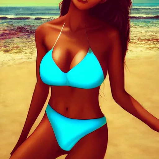 Image similar to your dream girl in a bikini on the beach drawn by artgerm
