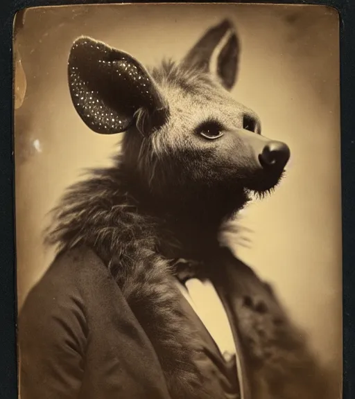 Image similar to professional studio photo portrait of anthro anthropomorphic spotted hyena head animal person fursona wearing elaborate pompous royal robes clothes by Louis Daguerre daguerreotype tintype