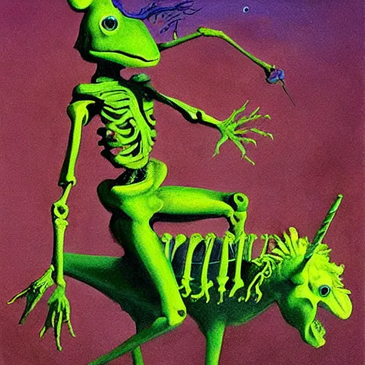 Image similar to muppet frog horseman riding a glowing baroque unicorn skeleton, foggy night, in style of tarot card, painting by beksinski, part by adrian ghenie and neo rauch, in color palette of francis bacon, eerie, mystical, sublime