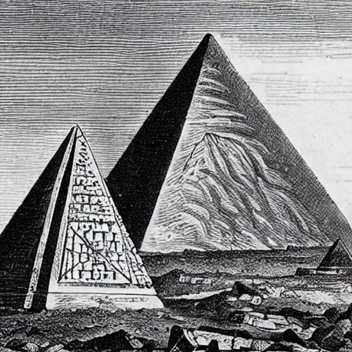 Prompt: A 1780s etching of a barren landscape dominated by an unfinished pyramid of 13 steps, topped by the Eye of Providence within a triangle. Roman numerals are engraved at the base of the pyramid.