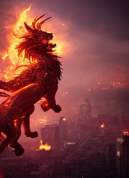 Image similar to lion dragon firing flames flying over the city, fantasy, monsters, hybrid, artistic pose, dark atmosphere, cinematic shot, intricate, ornate, photorealistic, ultra detailed, realistic, 100mm, photography, octane, high definition, depth of field, bokeh, 8k, artstation