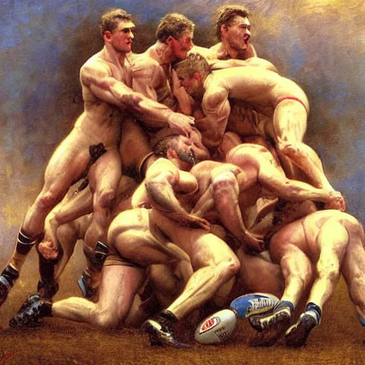 Prompt: handsome rugby players in a scrum painting by gaston bussiere, craig mullins, j. c. leyendecker, tom of finland, marble sculpture