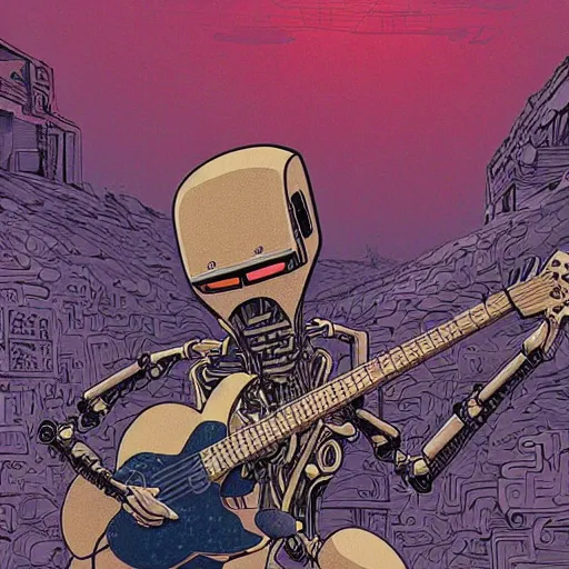 Image similar to illustration of a death robot playing guitar in a ruined street by kilian eng, katsuhiro otomo and jean giraud moebius, biomechanical