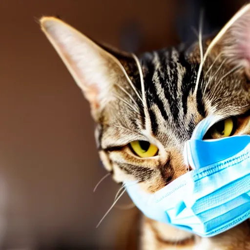 Image similar to a tabby cat wearing a medical mask and goggles