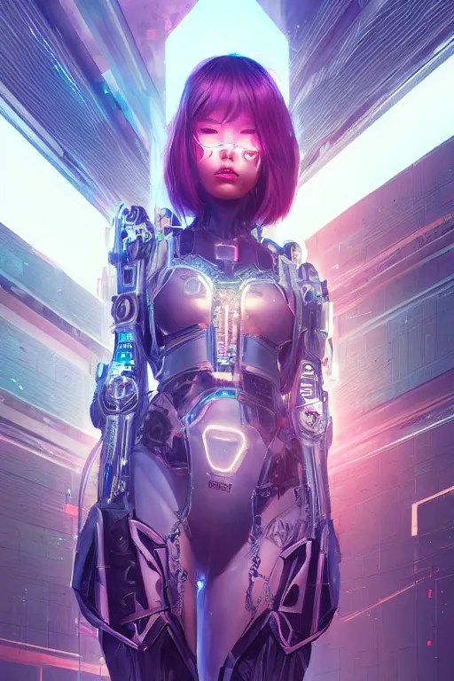 Image similar to portrait futuristic Cyber warrior Girl, in future cyberpunk tokyo rooftop , ssci-fi, fantasy, intricate, very very beautiful, elegant, neon light, highly detailed, digital painting, artstation, concept art, smooth, sharp focus, illustration, art by WLOP and tian zi and alphonse mucha