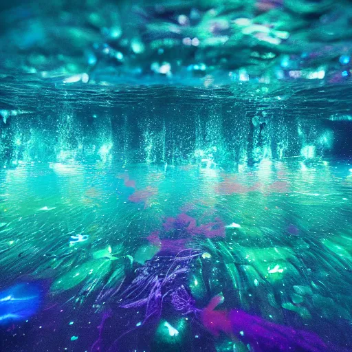 Prompt: bioluminescent, underwater, ocean floor, color field painting, light art, bokeh, wide angle, ultra - wide angle