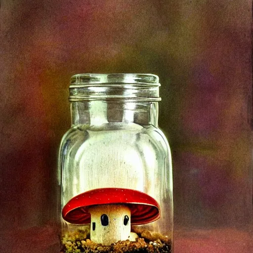 Prompt: a mushroom in a glass jar by magrite