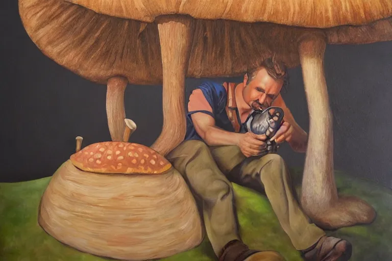 Image similar to portrait of orban viktor sitting under a big mushroom, detailed face, surreal oil painting