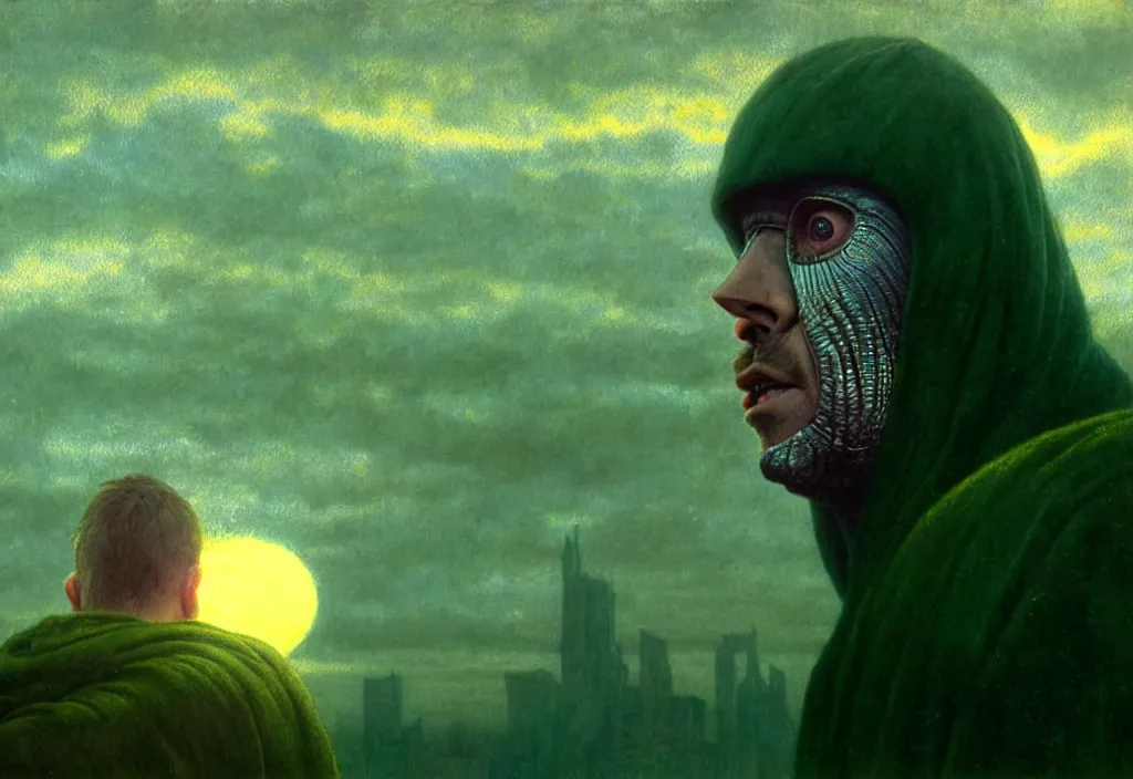 Image similar to realistic detailed portrait movie shot closeup of a! birdman! wearing dark green ragged robes, futuristic city sunrise landscape background by denis villeneuve, jean delville, yves tanguy, alphonse mucha, ernst haeckel, max ernst, roger dean, rich moody colours, cinematic