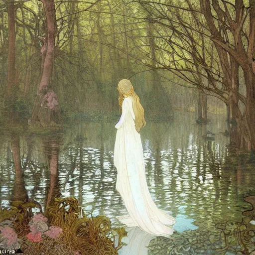 Prompt: a beautiful painting of the back view of a young lady in white dress sitting by the river in a grown forest, looking at her reflection on the water, sunlight reflected on the river, winter, Mucha, Moebius, Mohrbacher