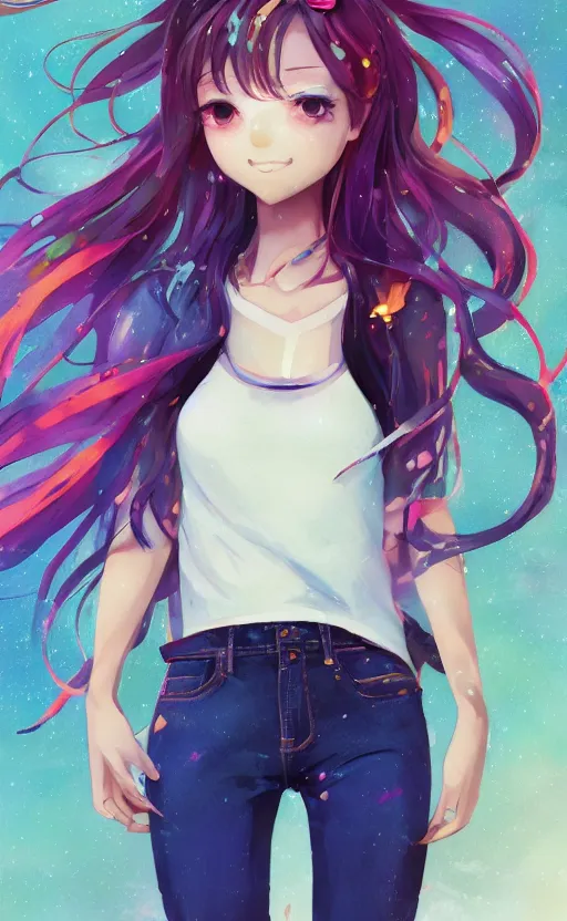 Image similar to a kawaii woman with rainbow hair, happy, summer time, soft eyes and narrow chin, dainty figure, long hair straight down, kawaii shirt and jeans, basic white background, In style of by Jordan Grimmer and greg rutkowski, crisp lines and color