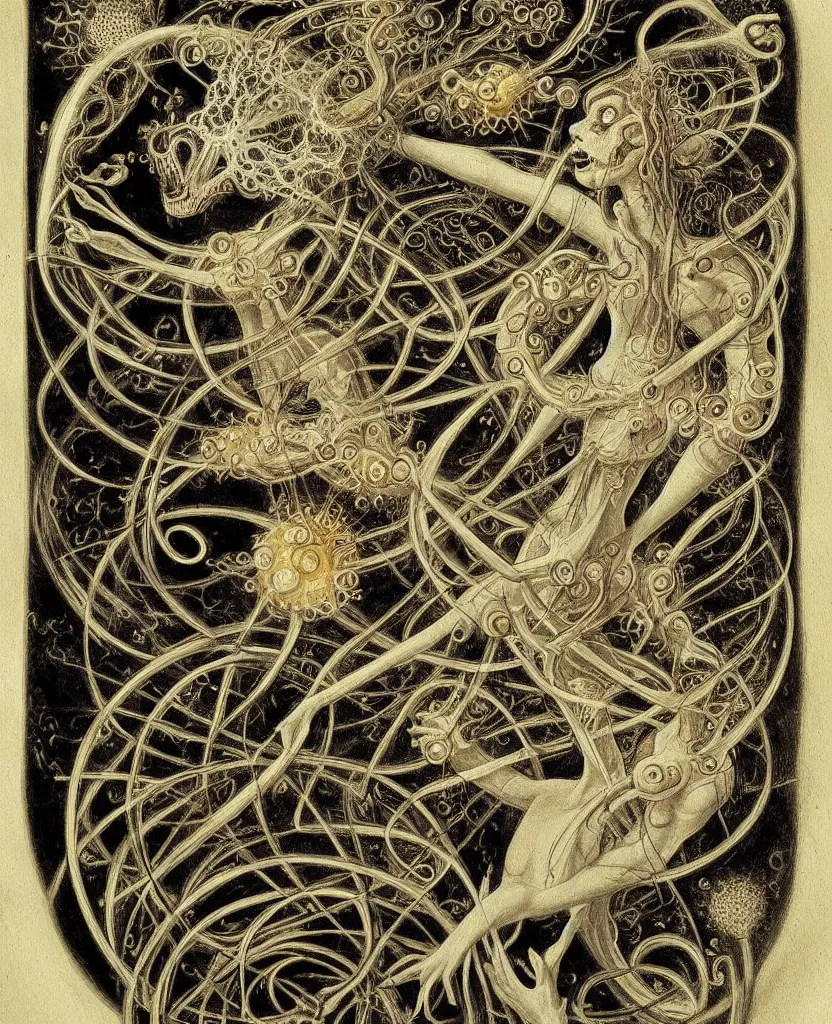 Image similar to whimsical freaky creature sings a unique canto about'as above so below'being ignited by the spirit of haeckel and robert fludd, breakthrough is iminent, glory be to the magic within, painted by ronny khalil