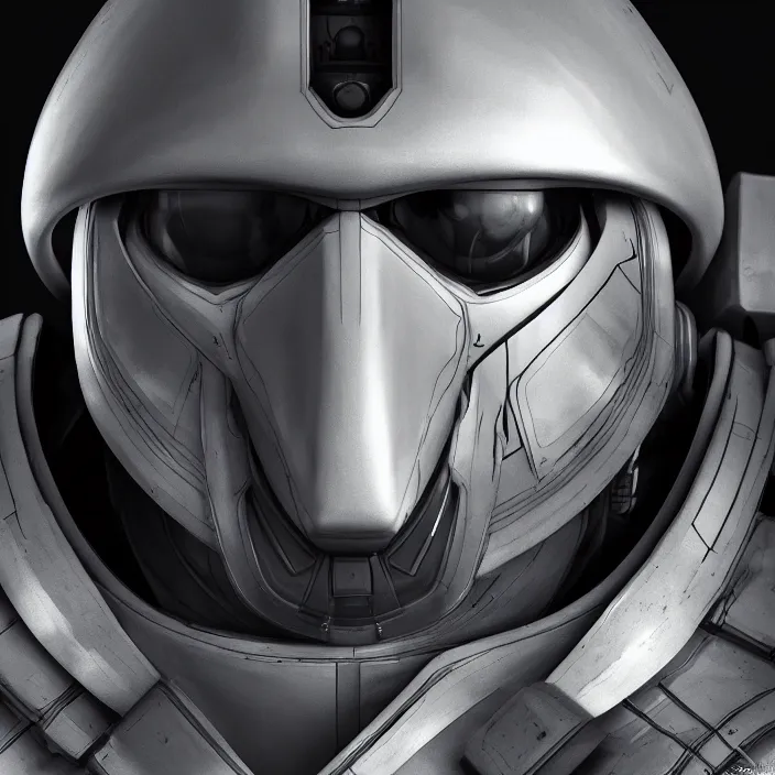 Image similar to a portrait of a character in an spaceship by nihei tsutomu, front facing the camera, black and white, modern clean white armor, highly detailed, 3 d render, vray, octane, realistic lighting