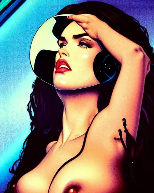 Image similar to low angle closeup very seductive megan fox retro scifi goddess pinup, vr goggles, action glamour pose, windblown dark hair, hyper detailed, digital art, studio lighting, smooth, ambient lighting, sharp focus, frank miller, wlop, fritz willis, anna dittmann, moebius!, alphonse mucha, patrick nagle!!!, rim lighting, synthwave
